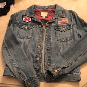 Forever 21 denim jacket. American patches , buffalo check on interior,EUC
